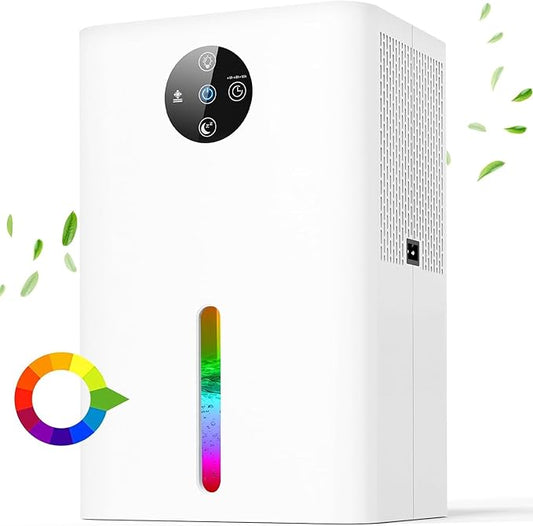 Dehumidifier for Basement, Quiet Dehumidifiers for Home with Auto Shut Off, Auto Defrost, Timer, Sleep Mode, 7 Color Light Portable Small Dehumidifier for Bedroom, Bathroom, Closet, RV - White