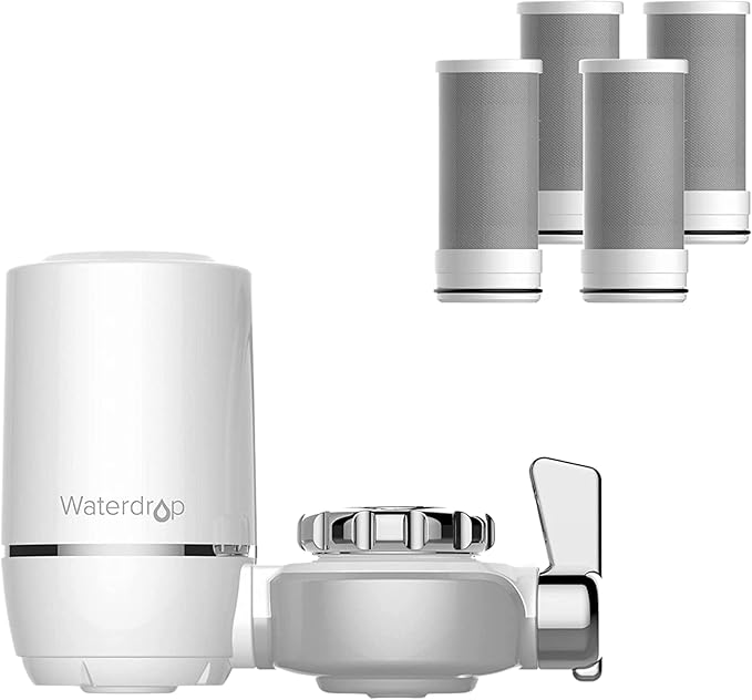 Waterdrop Water Filter for Sink Faucet, NSF 42 Certified Water Purifier, 1280 Gallon Tap Water Filter for Kitchen Sink, Lead-Free Material, Faucet Mount Water Filtration System 4 Filters