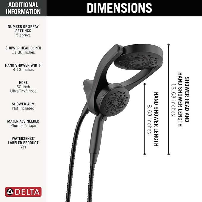 Delta 5-Setting HydroRain 2-in-1 Dual Shower Head with ProClean Spray, Matte Black High Pressure Shower Head with Handheld Spray, 1.75 GPM Flow Rate, Matte Black 75419BL