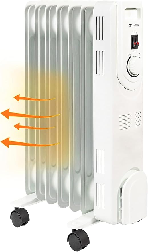 Comfort Zone Electric Oil-Filled Radiant Radiator Space Heater, Never Refill, Adjustable Thermostat, Tip-Over Switch & Overheat Protection System, Ideal for Home, Bedroom, & Office, 1,200W, CZ7007J