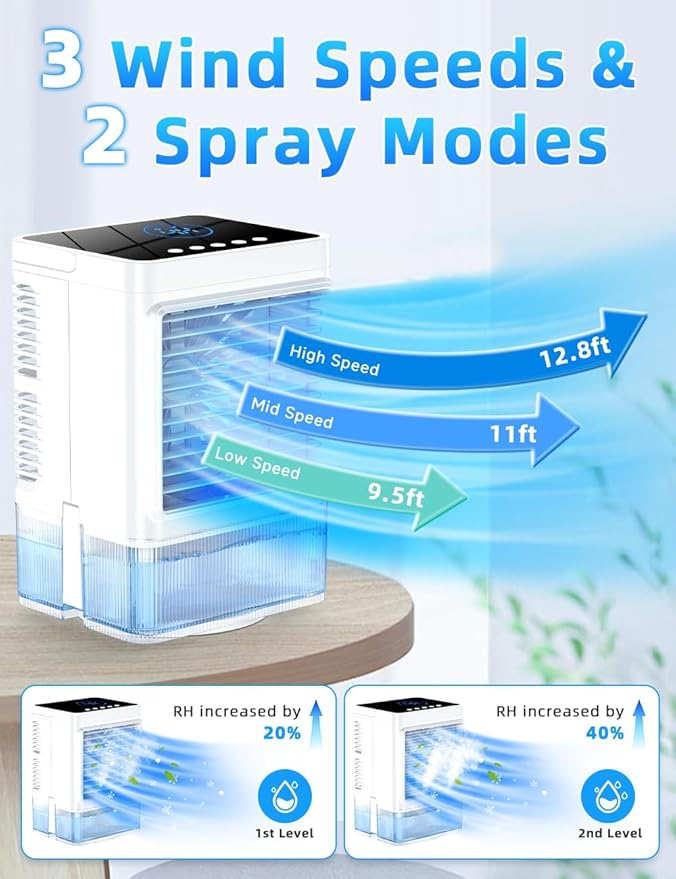 Small Air Conditioner w/ 3 Speeds&3 Modes, Remote, 1100ML Tank Humidifier, 8-Cube Ice Tray, 120° Oscillating, 4 IN 1 Portable Air Conditioners, 7-Color Light, 4H Timer Desk AC Unit for Bedroom