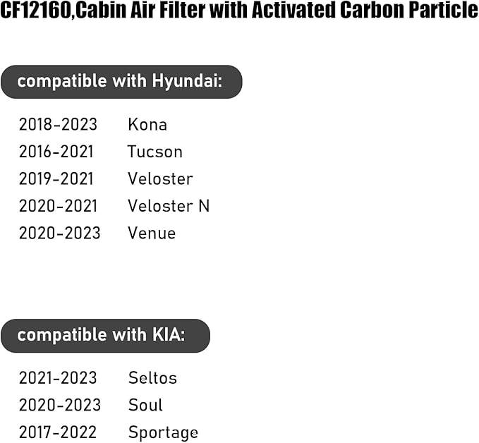 CF12160,Cabin Air Filter with activated carbon particle for Hyundai,2018-2023 Kona,2016-2021 Tucson,2019-2021 Veloster,2020-2021 Veloster N,2020-2023 Venue.KIA,2021-2023 Seltos,Soul,Sportage.
