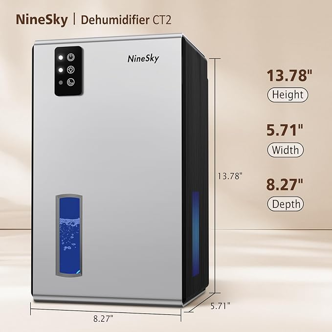NineSky Dehumidifier for Home, 95 OZ Water Tank, (1000 sq.ft) Dehumidifiers for Bathroom Bedroom Basement with Auto Shut Off,7 Colors LED Light (Silver)