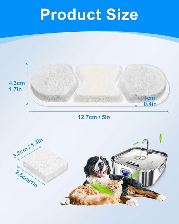 12 Pack Replacement Filter & 12 Pre- Sponges Dog Water Fountain Filters Fit for WF120 Large Dog Water Bowl Dispenser 410oz/3.2Gal/12L Automatic Pet Fountain Water Dispenser Stainless Steel