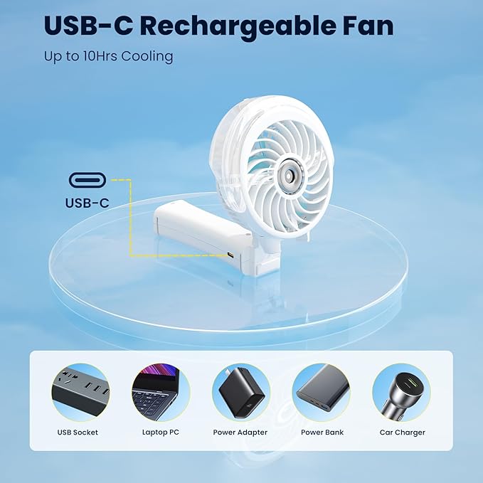 HandFan Upgraded Portable Misting Fan, Handheld Spray Water Mister Fan, USB Rechargeable Personal Mist Fans, Mini Cooling Hand Fans for Summer Beach Travel Concerts, Gifts for Women(White)