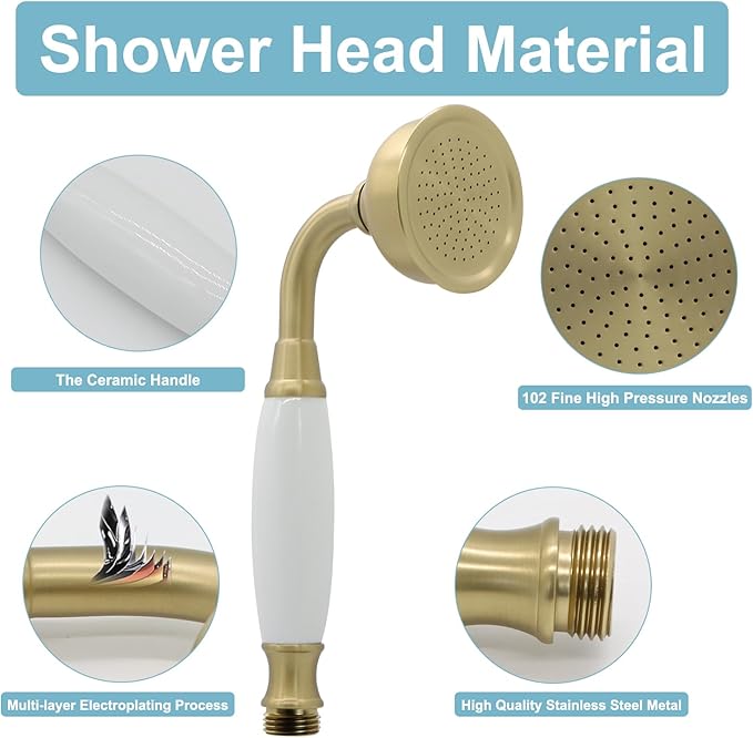 HOMEDEC Vintage Handheld Shower Head with 59inch Flexible Hose High-Pressure Antique Rain Showerhead Combo Replacement No Wand Holder, Round Telephone Shape, Brushed Gold