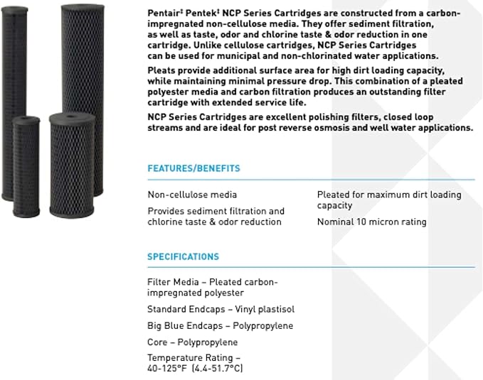 Pentair Pentek NCP-20BB Big Blue Carbon Water Filter, 20-Inch, Whole House Non-Cellulose Carbon Impregnated Pleated Filter Cartridge, 20" x 4.5", 10 Micron