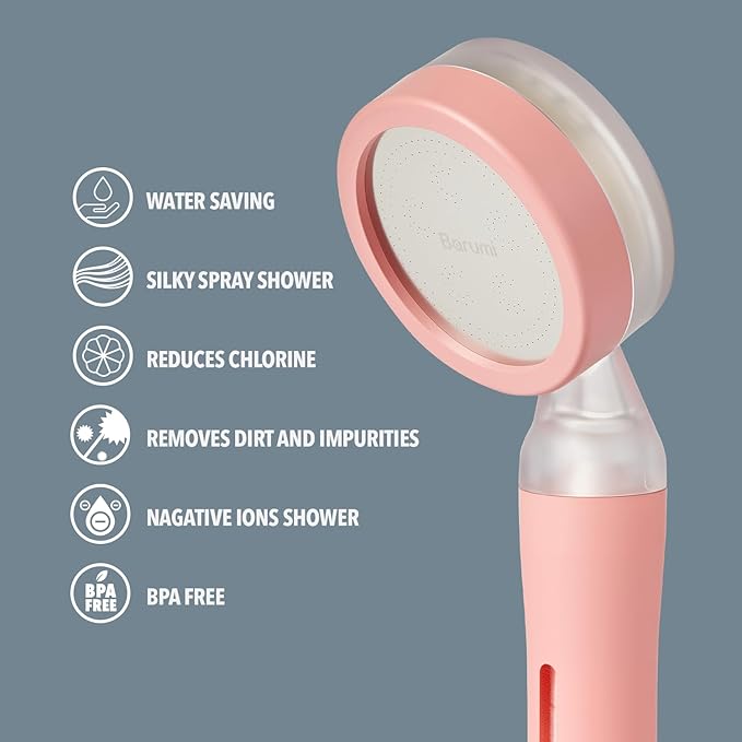 Barumi Pluo Handheld Filtered Shower Head - Pink | Vitamin C Filter for Healthy Skin & Hair | High Pressure Soft Spray | Dual Filtration Removes Chlorine & Impurities | Gentle Shower for Pets