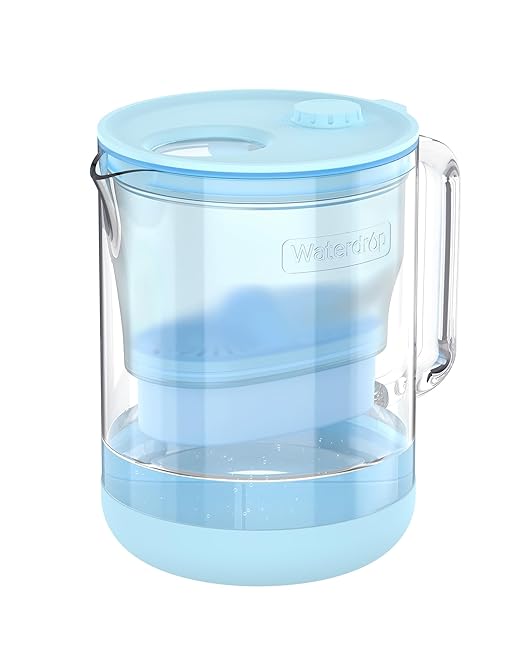 Waterdrop Glass Alkaline Water Filter Pitcher with 1 Filter, Enhances Alkaline Water, Eco-Friendly, 7-Cup, for Home and Office, Reduces PFOA/PFOS, Chlorine, Cadmium, Copper, Mercury, Blue