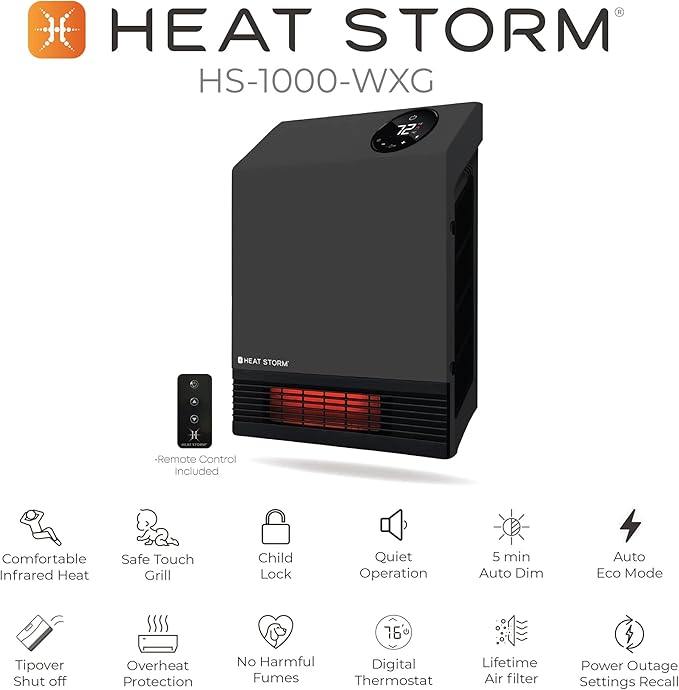 Heat Storm Wall Gray HS-1000-WX Deluxe Indoor Infrared Space Saving-1000 Watts-Remote Control-Home & Office Heater-Safe to Touch Grill, 13x4x17