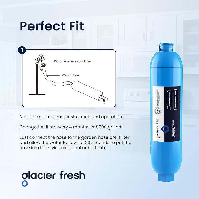 GLACIER FRESH Garden Hose End Pre-Filter for Swimming Pool, Hot Tubs, Spa, Inflatable Pool, Ponds, Greatly Reduces Bad Taste, Odors, Chlorin and Sediment, up to 8,000 Gallons, 2 Pack