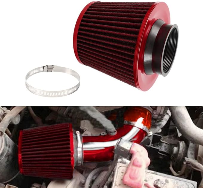 muge racing 3-inch Cold Air Intake Filter 76mm, High Performance Clamp-On Engine Intake Air Filter, Washable Reusable & Universal Round Tapered Replacement Air Filter, Red