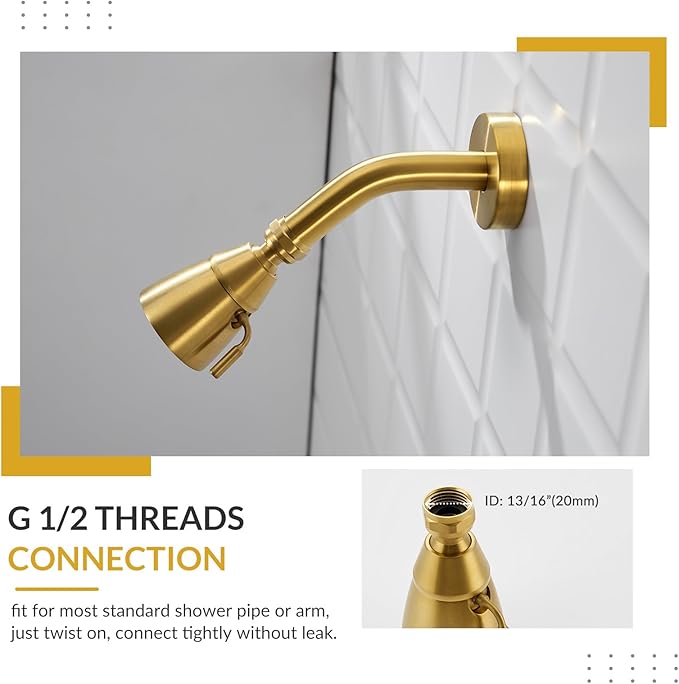 APLusee Brushed Gold Shower Head, High Flow Shower Sprayer with Rotary Joint, Solid Brass