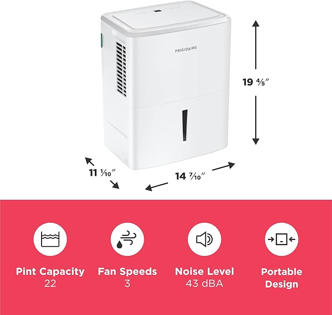 Frigidaire 22-Pint Portable Dehumidifier with Wi-Fi and Energy Star Certification for Small/Medium Rooms, Bedrooms & Bathrooms, Custom Humidity Control, Auto Shut Off, White