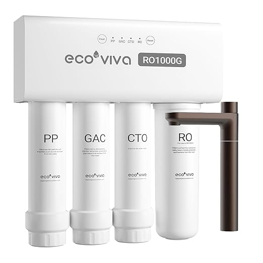 Ecoviva Alkaline Reverse Osmosis RO Water Filter Filtration Under Sink System (Brown Faucet, RO 1000GPD)