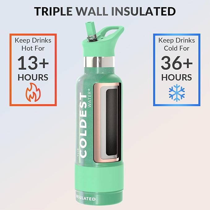 Coldest Insulated Water Bottle with Straw Lid - Stainless Steel Metal Insulated Bottle for Men & Women (Green Aurora Glitter, 21 oz)