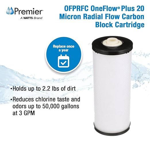 Watts Premier 1-Pack Radial Flow Carbon Block 20-Micron Cartridge, Reduces Chlorine Taste and Odors Up to 50,000 Gallons/189,000 Liters at 3 GPM, Dirt Holding Capacity 2.2 Lbs./1 Kg