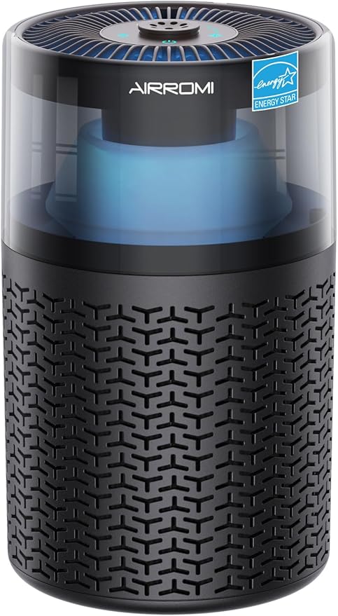 AIRROMI Air Purifiers for Bedroom Home,Up to 658 Ft²,Activated Carbon Filter Cleaner,With Fragrance Sponge for Better Sleep,Night Light,Pet Dander,Allergies,Smoke,Odor,Desktop Air Cleaner A2002 Black