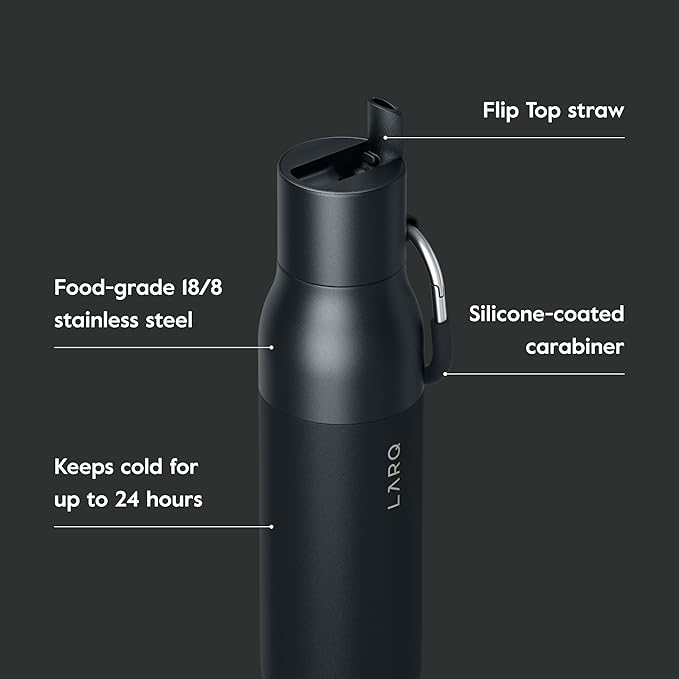 LARQ Flip Top 17 oz Insulated Stainless Steel Water Bottle With Straw | Thermos, BPA Free | Reusable Bottle for Sports, Gym, Travel | Keeps Drinks Cold 24 Hours, Obsidian Black