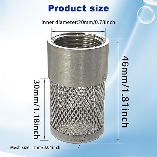 1/2" inch SUS304 Stainless Steel Filter Head with Internal Thread Diameter of 20mm Connected to DN15 1/2" Water Pipe Filter Used to Remove Debris and Reduce Solid Entry
