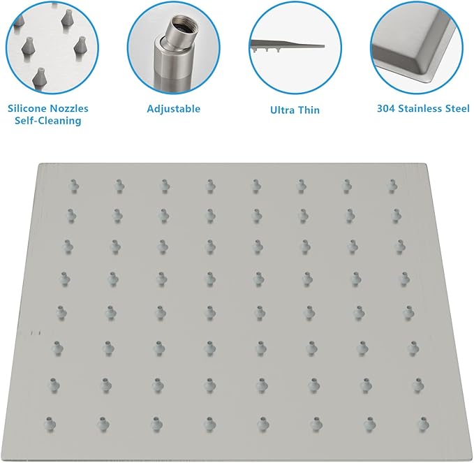 Lordear Rain Shower Head 6 Inch Solid Ultra Thin 304 Stainless Steel Adjustable Square Rainfall Shower Head Waterfall Full Body Coverage with Silicone Nozzle 6” Waterfall Showerhead,Brushed Nickel