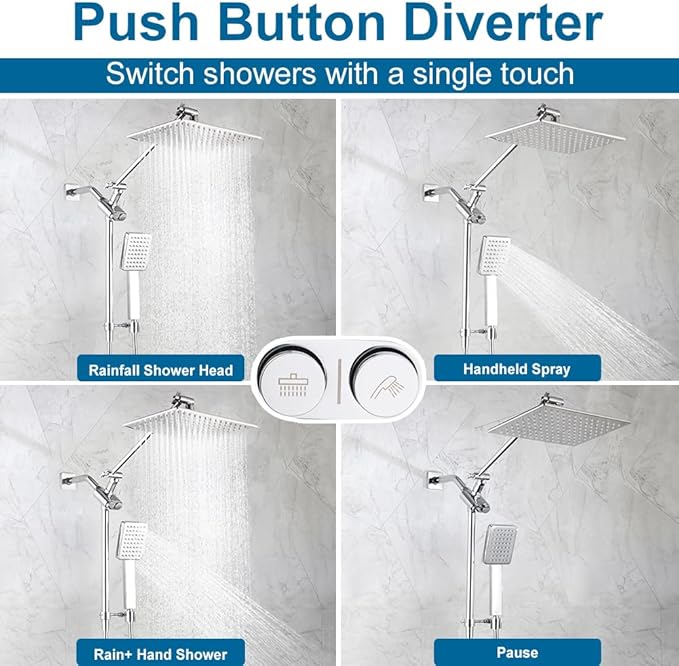 POP SANITARYWARE All Metal Shower Head with Handheld Chrome High Pressure 12 Inch Showerhead Combo, 71 Inch / 6 ft Hose, Press Button 4-Way Diverter, Adjustable Extension Arm