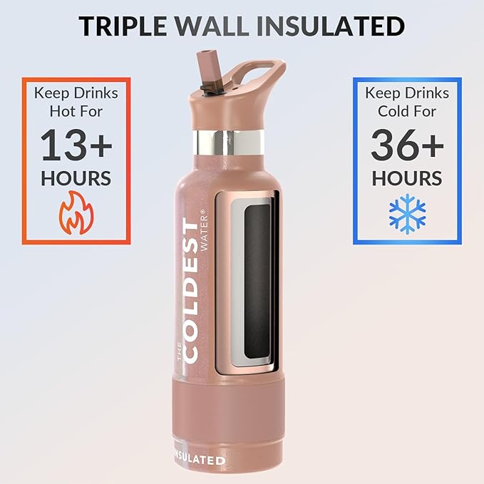Coldest Insulated Water Bottle with Straw Lid - Stainless Steel Metal Insulated Bottle for Men & Women (Rose Gold Glitter, 21 oz)