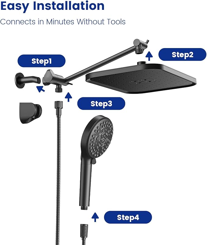 JOMOO Handheld Shower Head Combo, 10 Spray Modes High-Pressure Handheld Showerhead with 12" Square Rainfall Shower Combo, DOE Certified 2.5GPM Bathroom Filtered Shower Heads System, Matte Black