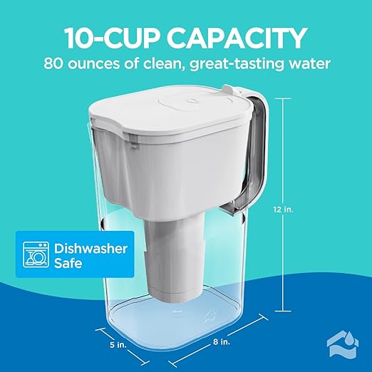 HOMEWATER 10-Cup Pitcher Filter (White) – BPA-Free, High-Capacity 2.4L Pitcher with Fast-Flow Carbon Filter, Wide Mouth for Easy Pouring, Removable Filter Replacement, Locking Lid, and Dishwasher-Safe