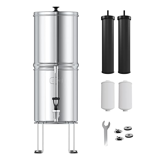 USWF Gravity Fed Water Filter System, 2.25 Gal Stainless Steel, w/ 2 Carbon Filters, 2 Fluoride Filters, Portable w/Metal Sight Glass Spigot & Stand, NSF/ANSI 372 Certified