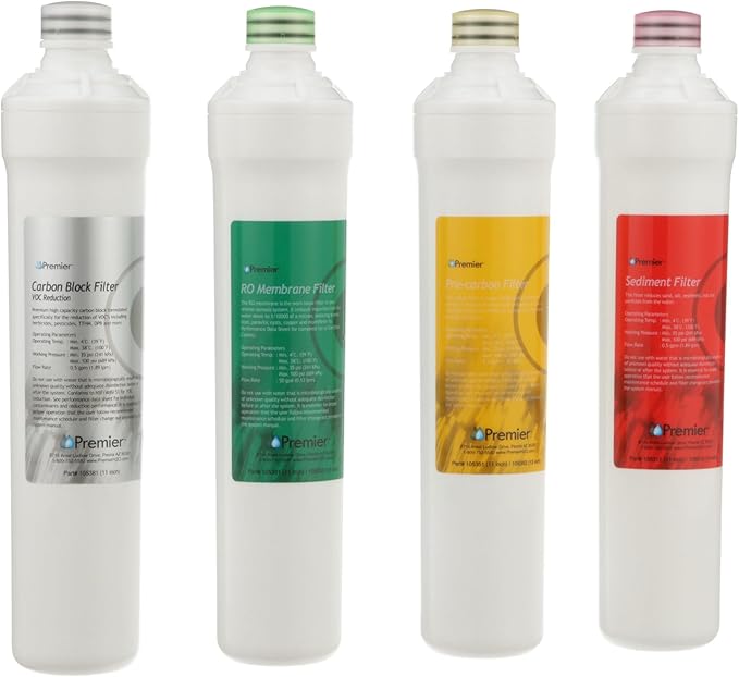 Watts Premier RO Pure Plus 4-Pack Filtration Kit for 4 Stage Pure Plus/Zero Pure Plus Reverse Osmosis System, Push Button Water Filter Replacement, Sediment Filter, Carbon Pre-Filter, VOC, Membrane