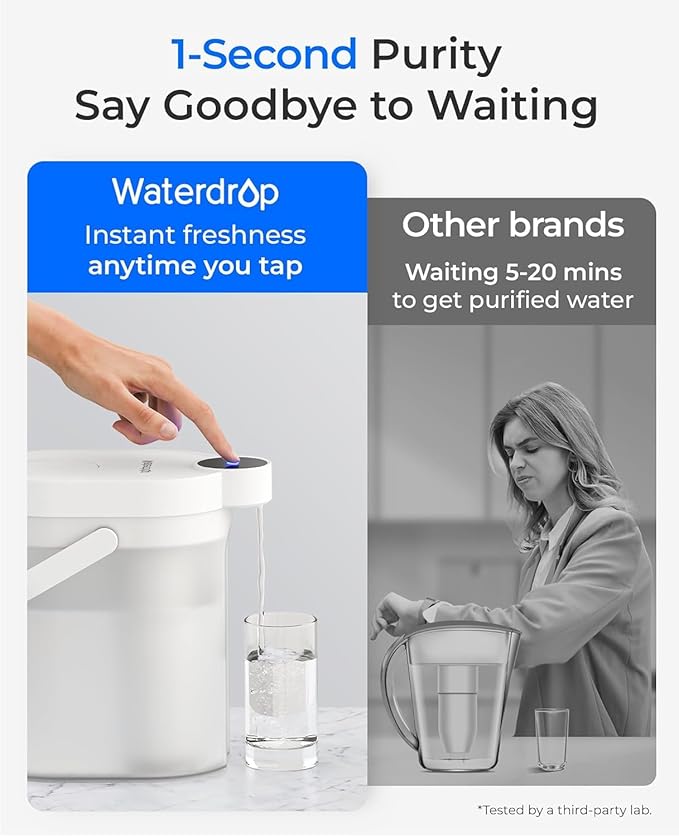 Waterdrop TDS Reduction Rechargeable Water Filter Dispenser, Retain Key Minerals, Instantly Improve Flavor, 15-Cup 5-Stage Portable Countertop Water Filtration System with 1 Filter, White