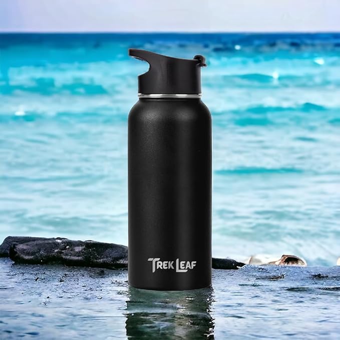 Travel Water Bottle with Carrying Bag, 3 Lids (Spout, Straw, Flip), and Bottle Brush; Leak Proof, Quality, Vacuum Insulated, Stainless Steel (Black, 32 oz)