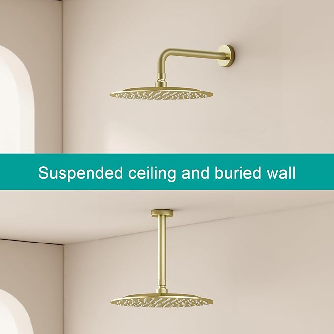 All Metal Rain Shower Head - Heavy Duty Stainless Steel, Easy Install, High Water Flow, Ultra-Thin Modern Design for Bathroom (F-Brushed Gold, 10)