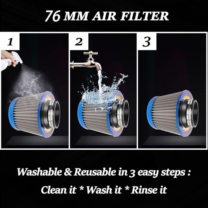 Cold Air Intake Filter, High Performance, Washable Filter, Clamp-On Replacement Air Filter, Flange Diameter 3inch/76mm Gray