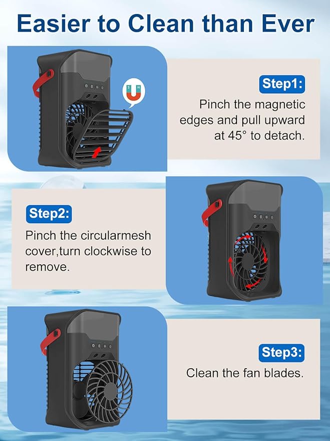 Portable Air Conditioner, 1500ML, Removable & Washable Fan Blades, Timer Function, 4 Speeds, 2 Cool Mists, 7-Color Light, Personal Evaporative Air Cooler for Home, Office, Bedroom, and Camping-Black