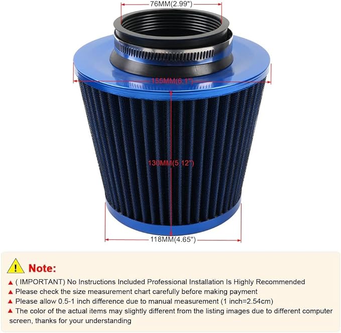 muge racing 3-inch Cold Air Intake Filter 76mm, High Performance Clamp-On Engine Intake Air Filter, Washable Reusable & Universal Round Tapered Replacement Air Filter, Blue