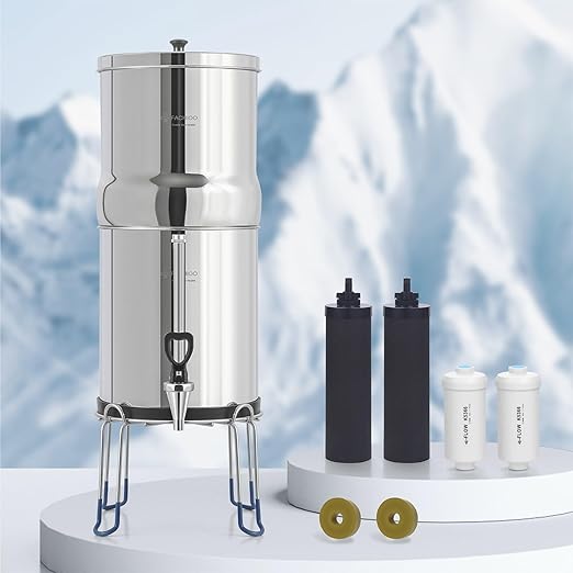 Gravity-Fed Water Filter System, NSF/ANSI 42&372 Standard, 2.25G Stainless-Steel Countertop System with 2 Black Elements, 2 Fluoride, Metal Water Level Spigot, Reduces Fluoride and Chlorine