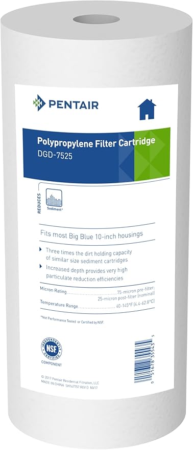 Pentair Pentek DGD-7525 Big Blue Water Filter, 10-Inch Whole House Sediment Filter Cartridge Replacement, Dual-Gradient Density Spun Polypropylene, 10" x 4.5", 25 Micron, Pack of 1