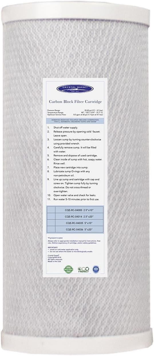 Crystal Quest 5-Micron Carbon Block Filter Cartridge - 4-5/8” x 9-3/4” - Coconut-Based Activated Carbon - Reduces Sediment and VOC’s - Sustainable Filtration