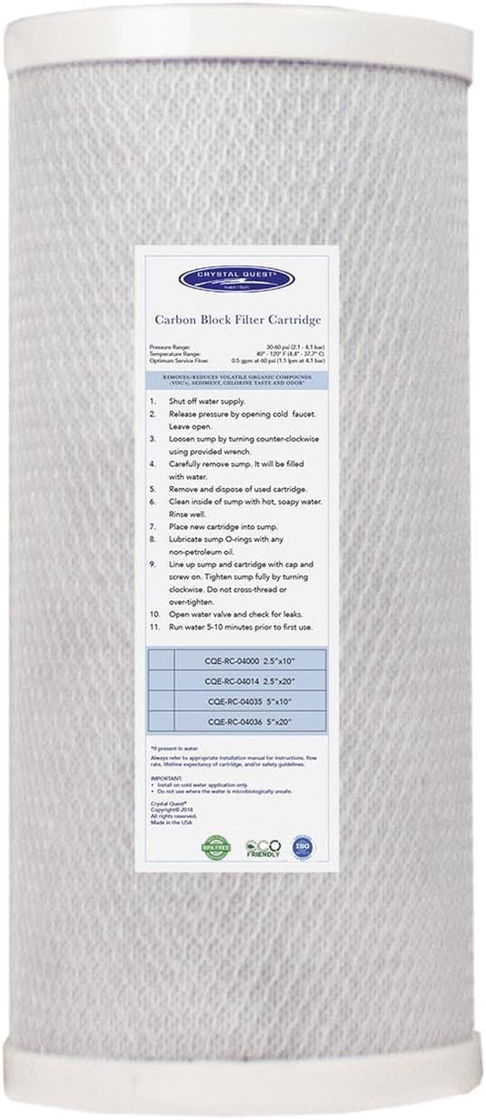 Crystal Quest 5-Micron Carbon Block Filter Cartridge - 4-5/8” x 9-3/4” - Coconut-Based Activated Carbon - Reduces Sediment and VOC’s - Sustainable Filtration