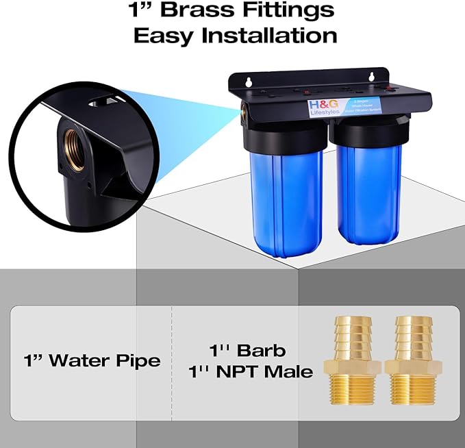 H&G Lifestyles Whole House Water Filter System,Iron Filter for Well Water,2 Stage Water Filtration System, Reduce Fluoride Chlorine Odor Heavy Metal Lead, 4.5x10 Cartridge,1" Barb Cooper Fittings