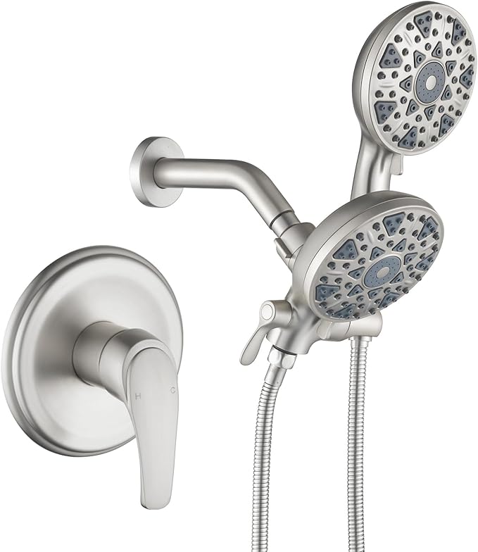 Shower Faucet Set Complete Shower Kit Dual Shower Head and Handheld 2 in 1 Combo Set Shower System Shower Trim Kit Combo Set Shower Fixtures, Brushed Nickel
