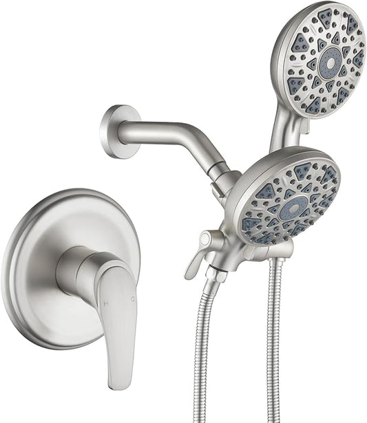 Shower Faucet Set Complete Shower Kit Dual Shower Head and Handheld 2 in 1 Combo Set Shower System Shower Trim Kit Combo Set Shower Fixtures, Brushed Nickel