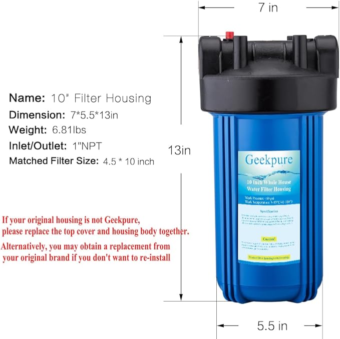 Geekpure 10-Inch Whole House Water Filter Housing 4.5"x10"1-Inch Outlet/Inlet with Wrench and Bracket-Blue Color (4)