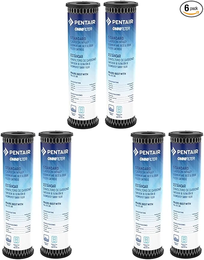 Pentair OMNIFilter TO1 Carbon Water Filter, 10-Inch, Standard Whole House Carbon Wrap Sediment and Taste & Odor Replacement Filter Cartridge, 10" x 2.5", 5 Micron, Pack of 6