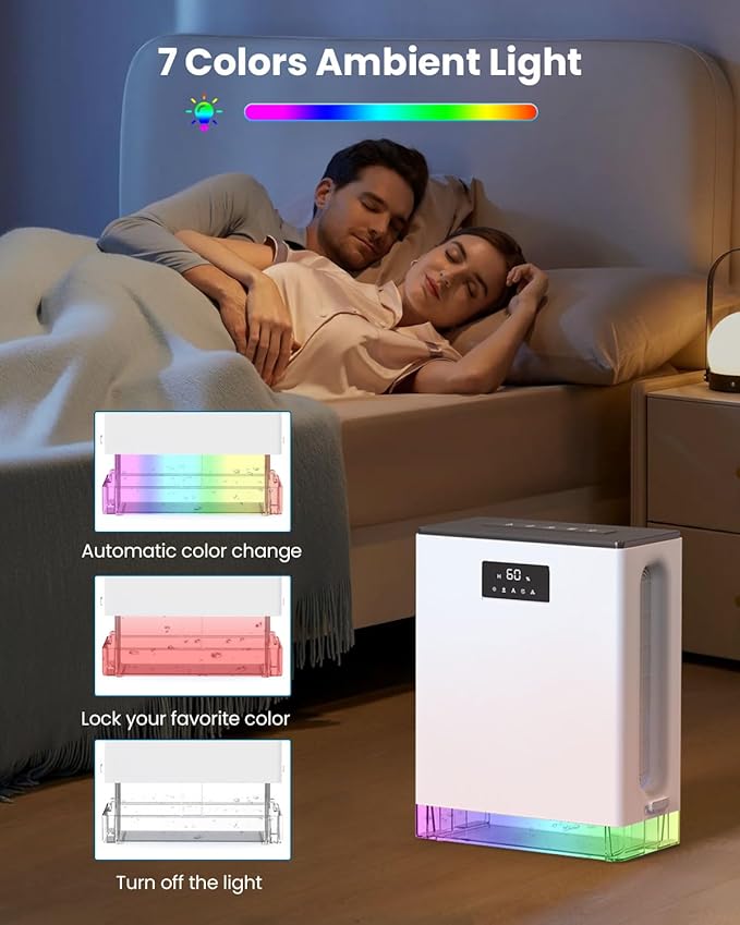 BIZEWO Dehumidifier for Home, (980 sq.ft) Queit Dehumidifiers for Basement, Bathroom, Bedroom with 101 oz Water Tank, Large Room Dehumidifier with 2 Working Mode, Auto Shut Off, 7 Colors LED Light