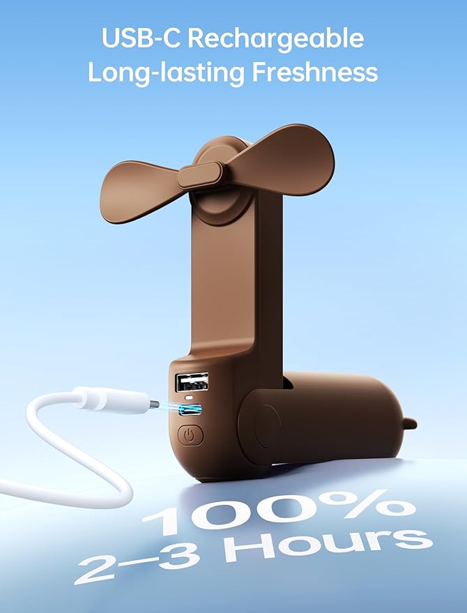 JISULIFE Handheld Mini Fan, 3 IN 1 USB Rechargeable Portable Fan [12-19 Working Hours] with Power Bank, Flashlight, Pocket Design for Travel/Summer/Concerts/Lash, Gifts for Women (Brown)