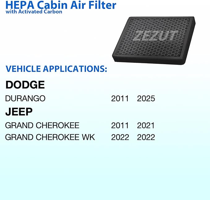 Cabin Air Filter CF11183 Fits 2011-2025 Dodge Durango and 2011-2021 Jeep Grand Cherokee, Honeycomb Structure and Activated Carbon, Durable and Sturdy (1 Pack)