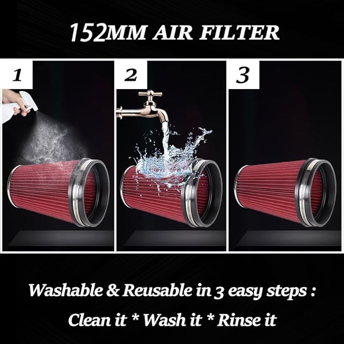 6" Inlet Cold Air Intake Filter Cone Replacement Performance Washable Clamp-On Dry Air Filters Red (8" Tall)